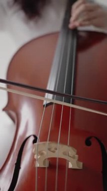 Klasik müzik yaylı klasik müzik enstrümanları, kadın çellocu solo parça çalışıyor. Keman viyolonselinin yakın görüntüsü ve müzisyenin elleri, bir kadın çello çalıyor. Dikey