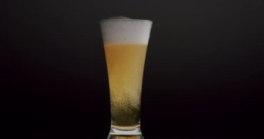 Kabarcıklı soğuk hafif bira ve girdaplı tortu karanlık bir stüdyo arka planına karşı desenler oluşturur. Köpüklü içecek ferahlatıcı bir alkollü içecektir. Parti ya da bar için mükemmel.