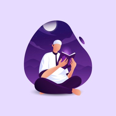Gece Kuran okuyan bir adamın Ramazan illüstrasyonu