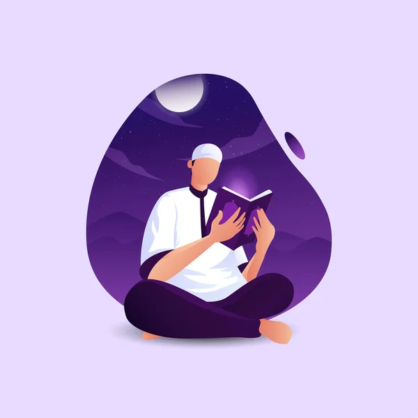 Ramadan Illustration Man Som Läser Koranen Med Bakgrunden Natten — Stockfoto