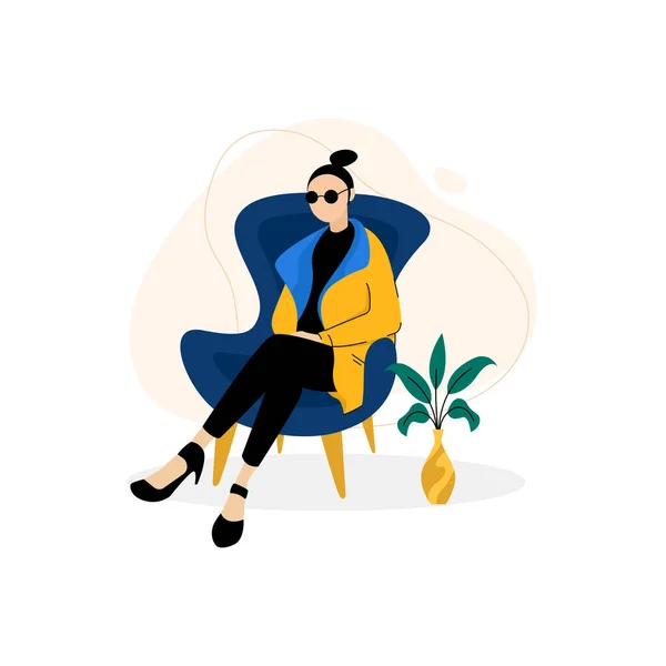 Design Plano Ilustração Uma Mulher Usando Óculos Estilo Contemporâneo Sentada — Fotografia de Stock