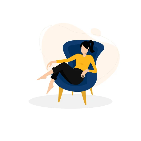 Лат Дизайн Иллюстрация Молодой Женщины Отдыхающей Удобном Кресле — стоковый вектор