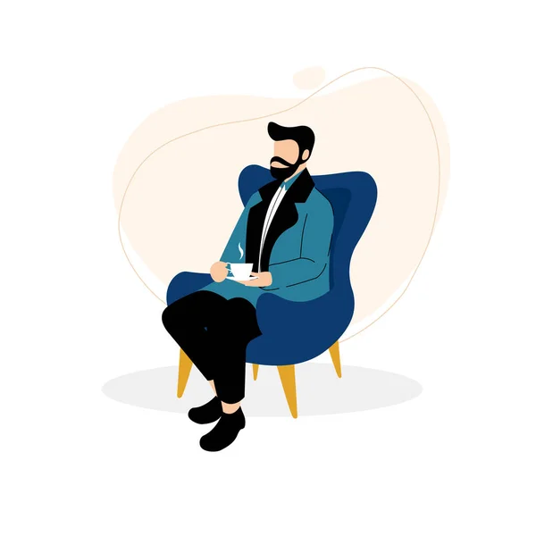 Flat Design Illustration Bearded Man Sitting Warm Cup Coffee — Stock Vector