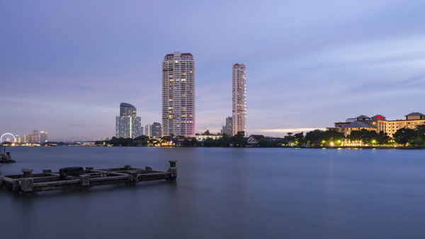 Sunset over Bangkok Skyline and Chao Phraya River