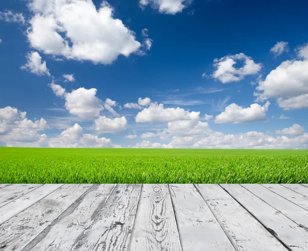 Wood floor with cloud sky background — Stock Photo, Image