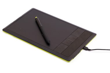 Dijital, grafik tablet ve üzerinde beyaz izole kalem