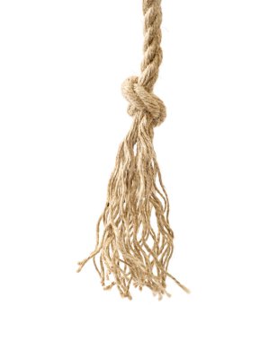 Beyaz arka plan üzerinde izole düğüm ile jüt ipler