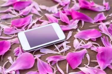 Çiçek soyut yaprakları arka plan üzerinde beyaz cep telefonu. Saf ekranlı cep telefonu