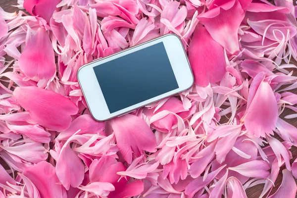 Teléfono móvil blanco sobre fondo floral de pétalos abstractos. Teléfono con pantalla pura — Foto de Stock