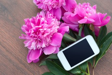 White mobile phone with a clear display witn pink peonies on wooden background