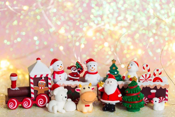 Festive New Year Toys Wooden Train Figures Santa Snowmen Christmas — Stock Photo, Image