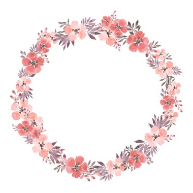 Davetiye tasarımı, düğün kartları, Sevgililer Günü ve diğerleri için suluboya çiçek çelengi. Zarif pembe çiçekler ve pastel yapraklı çiçek aranjmanı.