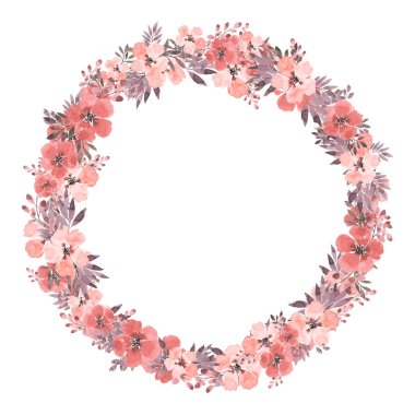 Güzel dekore edilmiş suluboya çiçek ve yapraklardan oluşan yuvarlak bir çerçeve. Metin, alıntı, davetiye, etiket, etiket için düzenleme. Sessiz pembe renkler, tozlu güller ve diğer bitkiler