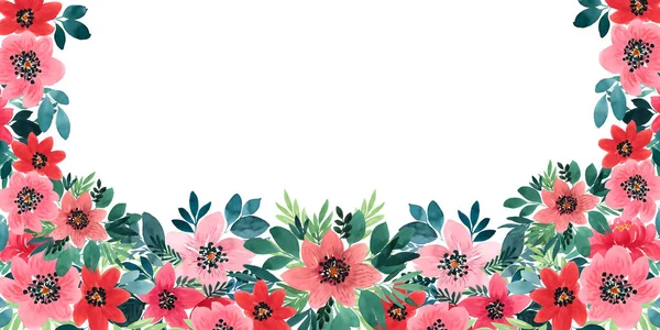 Delicado Rosa Turquesa Aquarela Plantas Fundo Branco Banner Horizontal Com — Fotografia de Stock