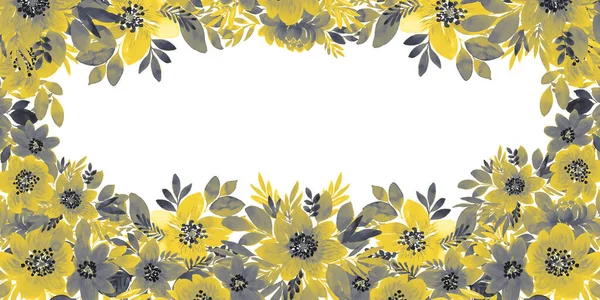 Flores Aquarela Amarelas Cinzas Fundo Branco Banner Horizontal Com Uma — Fotografia de Stock