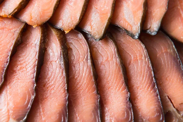 Tender Fish Meat Cut Thin Slices Cold Smoked Chum Salmon — Stock Photo, Image