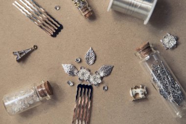 Create jewelry with your own hands. Accessories for jewelry, hair combs, beads, metal elements, wire, crystals, pendants