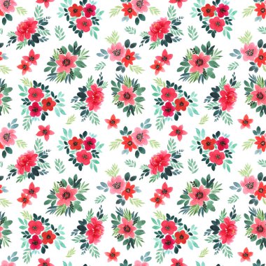 Paketleme, kartpostal, pankart, davetiye tasarımı için kusursuz suluboya deseni. Yeşil yapraklı kırmızı çiçekler.