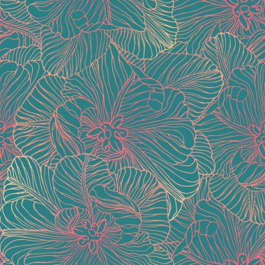 Bahar laleleri kusursuz desen. Turkuaz arka planda damarları olan narin çiçek yaprakları. Çiçek açan lale çiçeği sanatı