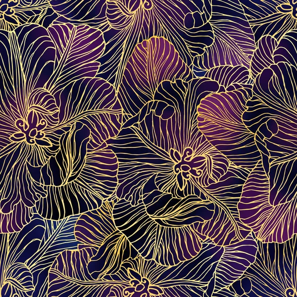 Hermoso Patrón Sin Costuras Tulipanes Pétalos Dorados Púrpuras Brillantes Con —  Fotos de Stock