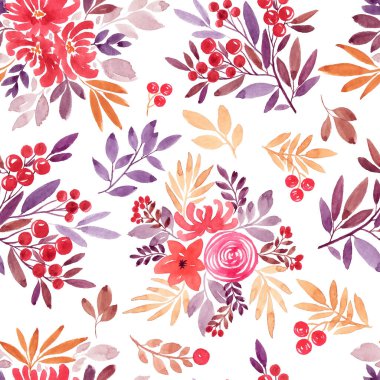 Kusursuz çiçek deseni. Böğürtlen, yaprak ve çiçeklerle suluboya