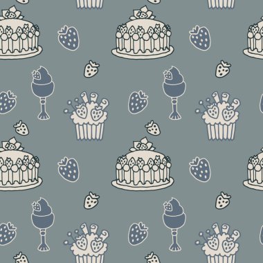 Çilek, pasta, reçel kavanozu, böğürtlenli kek, kupa. Tekstil, menüler, çıkartmalar, davetiyeler, fiyat etiketleri, etiketler, ambalaj kağıtları için pastel mavisi baskı