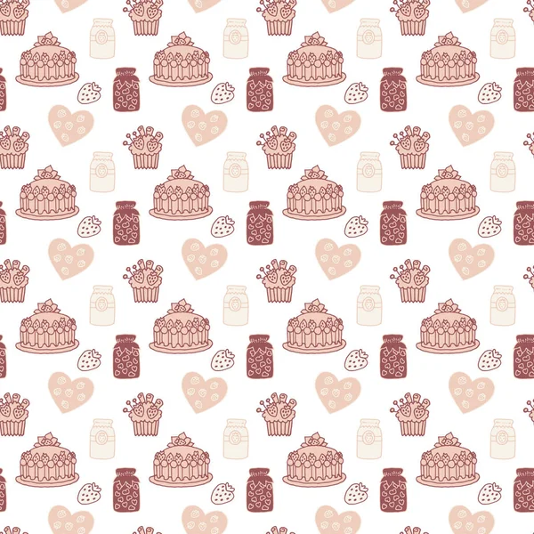 Pastel Beige Painted Pattern Drawn Strawberries Jam Jar Berry Muffin — Stock Photo, Image