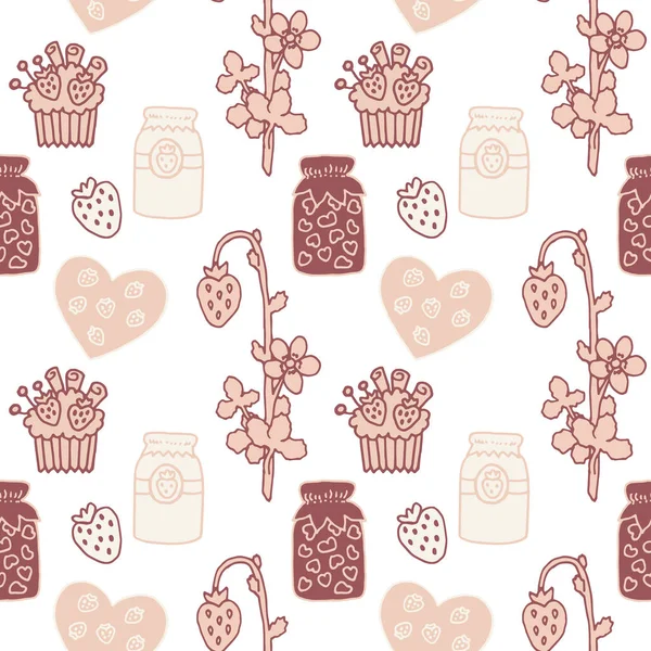 Seamless Pattern Drawn Strawberries Jam Jar Berry Muffin Strawberry Branch — Stock Photo, Image