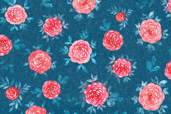 Padrão Rosas Aquarela Fundo Turquesa Texturizado Usado Fundo Floral Brilhante — Fotografia de Stock