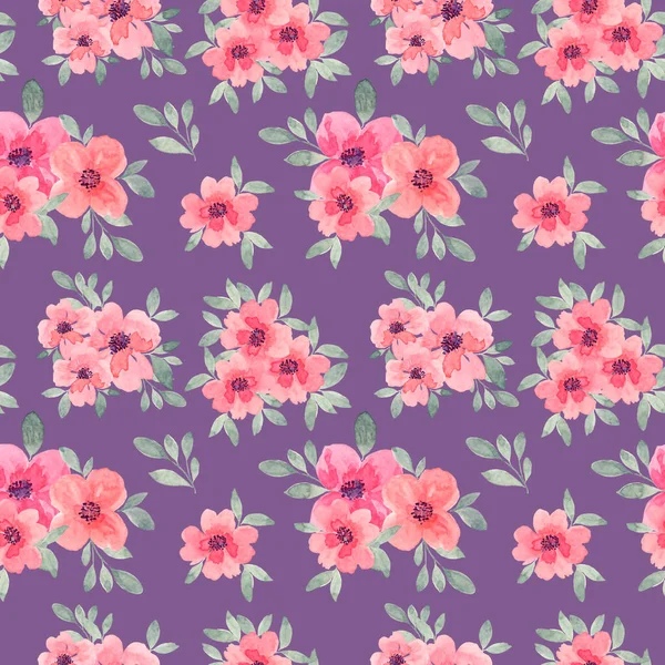 Acuarela Arreglos Florales Pintados Con Hojas Sobre Fondo Púrpura Patrón —  Fotos de Stock