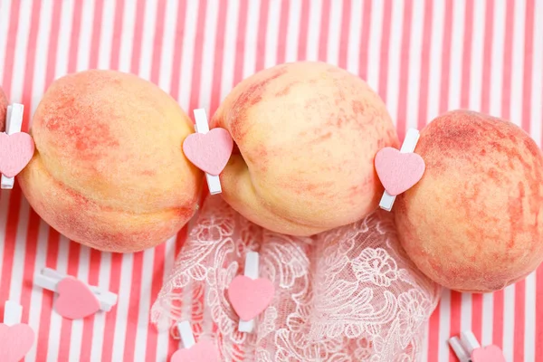 Composition Ripe Pink Peaches Striped Summer Tablecloth Hearts Lace Delicate — Stock Photo, Image