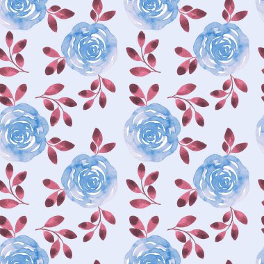 Mor yapraklı, kusursuz mavi güller. Suluboya, ambalaj kağıdı, ambalaj kağıdı, etiket, çıkartma ve kartpostallar için sanatın gelişmesini sağlar.