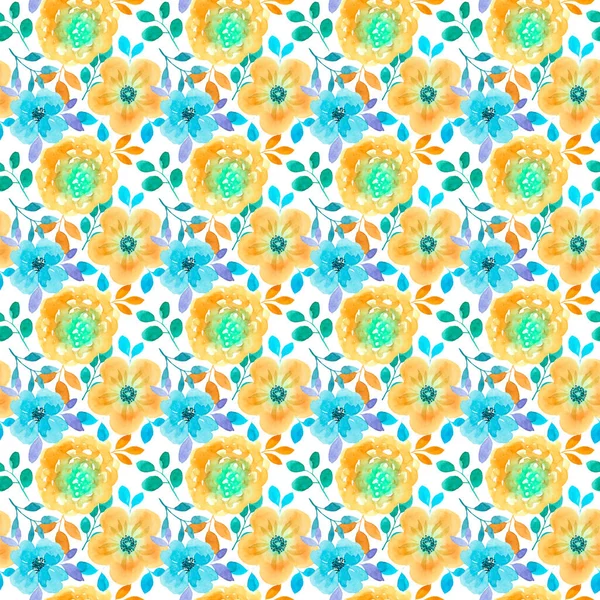 Seamless pattern of bright delicate flowers and leaves. Watercolor orange, turquoise and green blooms for postcards, wrapping paper, stickers, price tags