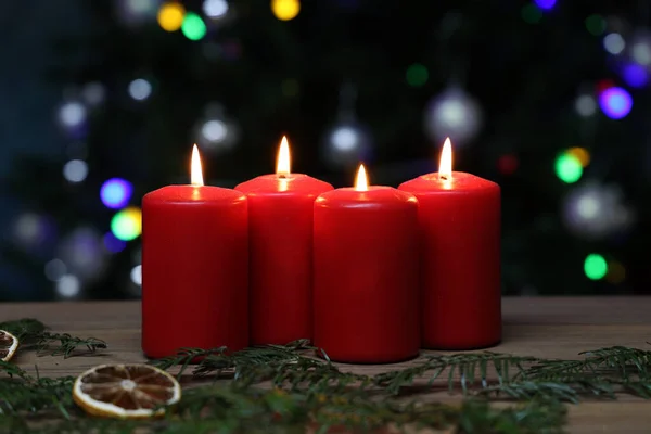 Burning Red Advent Candles Dark Background — Stock Photo, Image