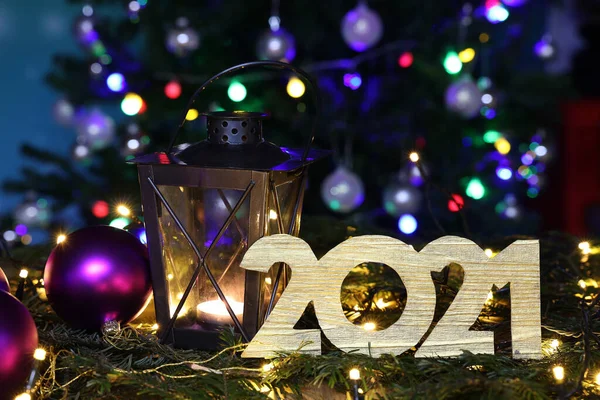 Happy New Year 2021 Number 2021 Background Christmas Tree — Stock Photo, Image