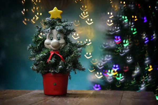 New Year Composition Funny Christmas Tree Nice Bokeh Background — Stock Photo, Image
