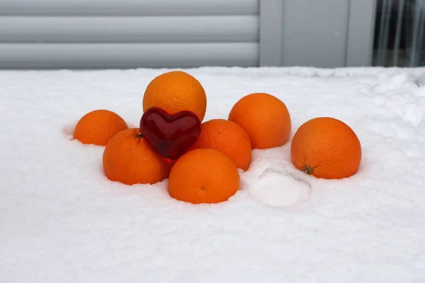 Winterstilleven Met Sinaasappels Sneeuw Rijpe Vruchten — Stockfoto