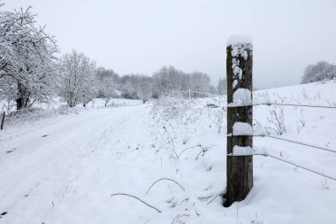 Kış manzarası. Kış gününde karlı bir yol.