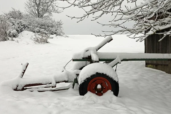 Agricultural machinery in a peasant\'s yard covered with fresh snow.
