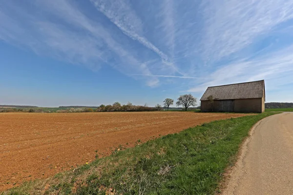 Paesaggio Primaverile Con Campi Seminati Cielo Blu — Foto Stock