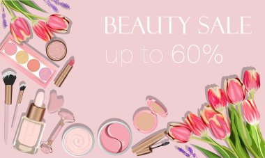  Laleli dekoratif ve bakım kozmetik serisinin vektör çizimi. Krem, bant, ruj, rimel, gölgeler, fosforlu kalem, pudra, Serum, Gouache Scraper, fırçalar.