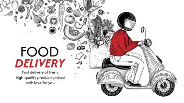  Hızlı teslimatın vektör çizimi. Teslimatçı, sağlıklı gıda ürünleri paketi taşıyor. Yiyecek teslimatı için pankart