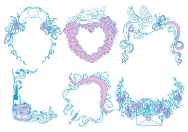  6 tane romantik dekoratif çerçeve. Yay ve güllerle zarif, neşeli bir pastayla sevimli, bulutların üzerinde bir melek, klasik aşk tanrısı yayı ve oklarıyla sevimli, çiçekli bir zarf, aşk güvercini. Sevgililer Günü için Sınır