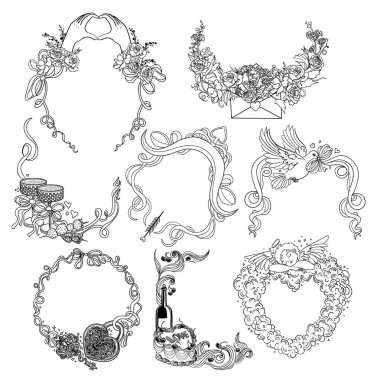  8 tane romantik dekoratif çerçeve. Sevgililer Günü kartları için dekorasyon koleksiyonu. Hoş ve zarif baskılar yaylar, çiçekler, kurdeleler, şenlikli içecekler, tatlılar, melekler, aşk tanrısı okları