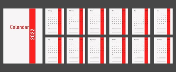 A4 kalender of planner 2022 trendy minimalistische stijl. Omslag en 12 maandelijkse bladzijden. De week begint maandag. In rode en witte kleuren. Sjabloon met omslag in A4 A3 A2 A5 — Stockvector