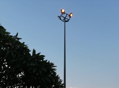 Cıva direği ışıkları açık mavi gökyüzüne karşı parlak sarı yanmıştı. Ön planda tesisat ağacı vardı.