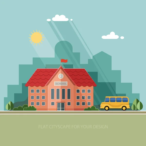 Bienvenue à l'école. Bâtiment et bus scolaire sur le backgroun — Image vectorielle