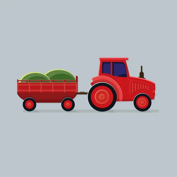 Czerwony traktor z przyczepą na jasnym tle. Mapa mieszkanie styl — Wektor stockowy