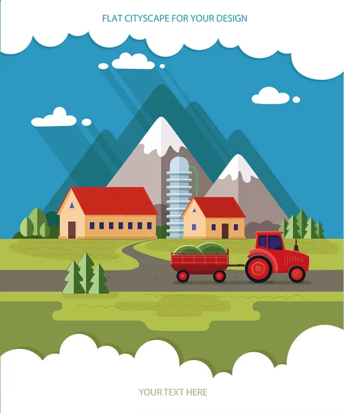 Jordbrukslandskapet. Röda traktorn på gården bakgrund... Platt — Stock vektor