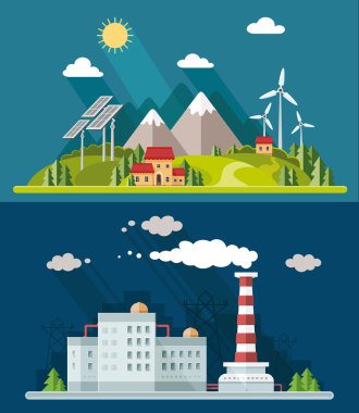 Ekoloji ayarlayın. Çevre, yeşil enerji. Eko yaşam, emisyon, nat